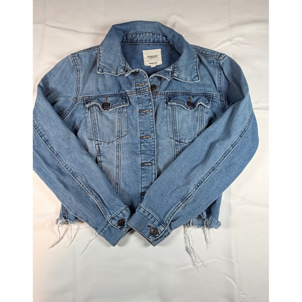 Kensie Jeans Vintage Luxe Medium Wash Frayed Hem Denim Trucker Jacket Womens S